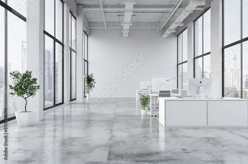 A large open space office with white desks and chairs  windows overlooking the cityscape  light gray concrete floors