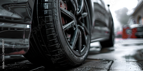 Closeup of a mechanic performing a detailed tire cleaning on a car's rim on the road .