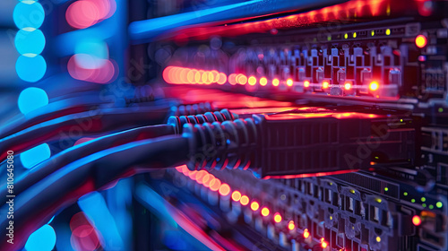 This vibrant image offers a close-up view of a data center’s heart, where illuminated ethernet cables connect to servers, symbolizing the pulse of our connected world