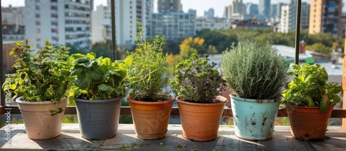 Balcony Vegetable Garden with City Skyline Backdrop Showcasing Urban Dwellers Oasis of Fresh photo