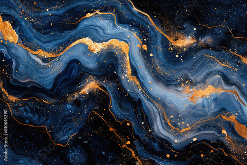 A dark blue and gold marble pattern with swirls of rich hues. Created with AI