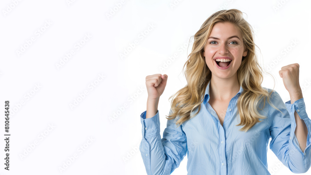 Blonde Business Woman in blue shirt has good news, smile and raised hands Blonde Business Woman in blue shirt has good news, smile and raised hands