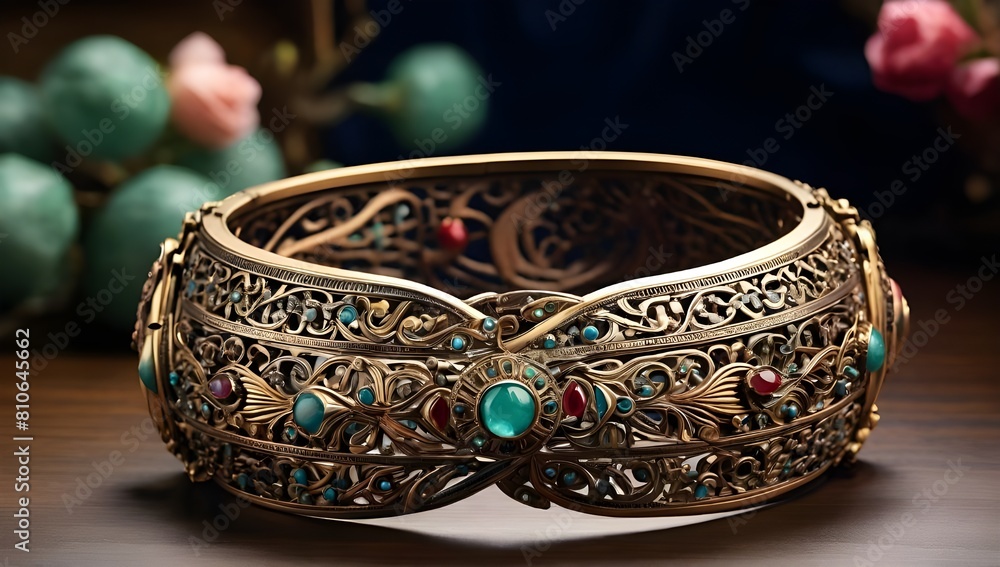 Exquisite Jewelry Gift: Antique Metal Bracelet in a Fashionable Box with Intricate Art & Design, a Cultural Object of Traditional Craft, generative AI
Exquisite Jewelry Gift: Antique Metal Bracelet in a Fashionable Box with Intricate Art & Design, a Cultural Object of Traditional Craft, generative AI