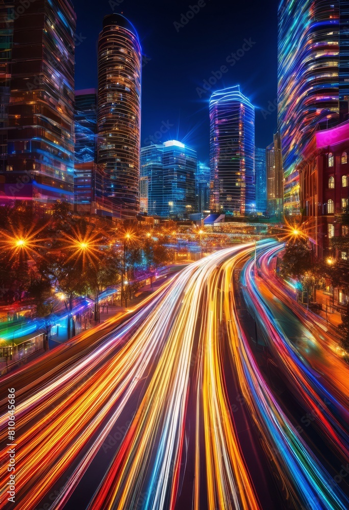 vibrant nighttime traffic trails long exposure shots, city, lights, cars, motion, streaks, urban, highway, speed, vehicles, blurred, illuminated, modern, dynamic