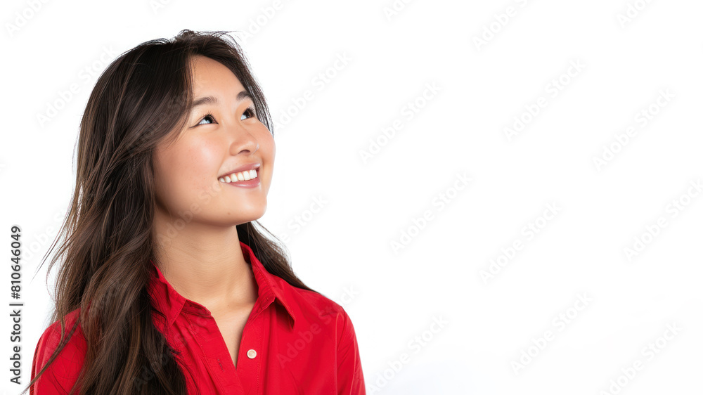 Asian business woman in red shirt smiling looking at the future