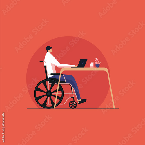 White collar worker with a disability sitting in wheelchair concentrating working on laptop in office