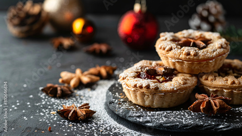 Tasty mince pies on dark table photo