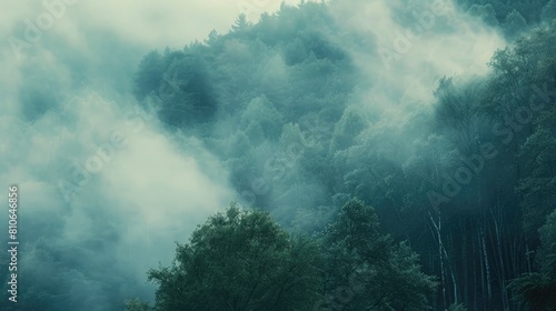 A dense fog rolling over a dense forest, evoking a sense of mystery and tranquility in nature.