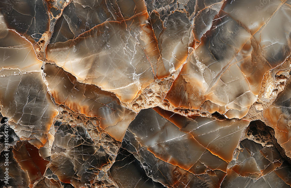 A stunning close up marble texture with dark brown and golden veins. Created with AI