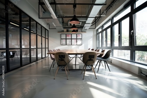 A large white wall in an office with black and gray chairs around it  and glass windows on the right side of the room