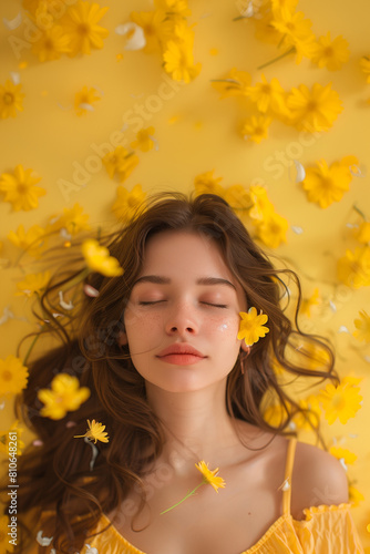 young model portrait surrounded by yellow flowers, spring, fashion, allergy, yellow background,, poster, banner, design
