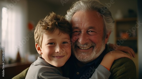 portrait of smiling Caucasian grandson 8 years old and grandfather 70 years old looking at the camera while at home. grandfather hugs grandson © Photolife  