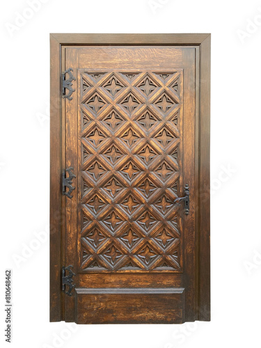 Old wooden ornate door isolated on white background with clipping path