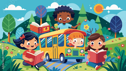 children-sharing-books-and-comics-on-the-school-bu