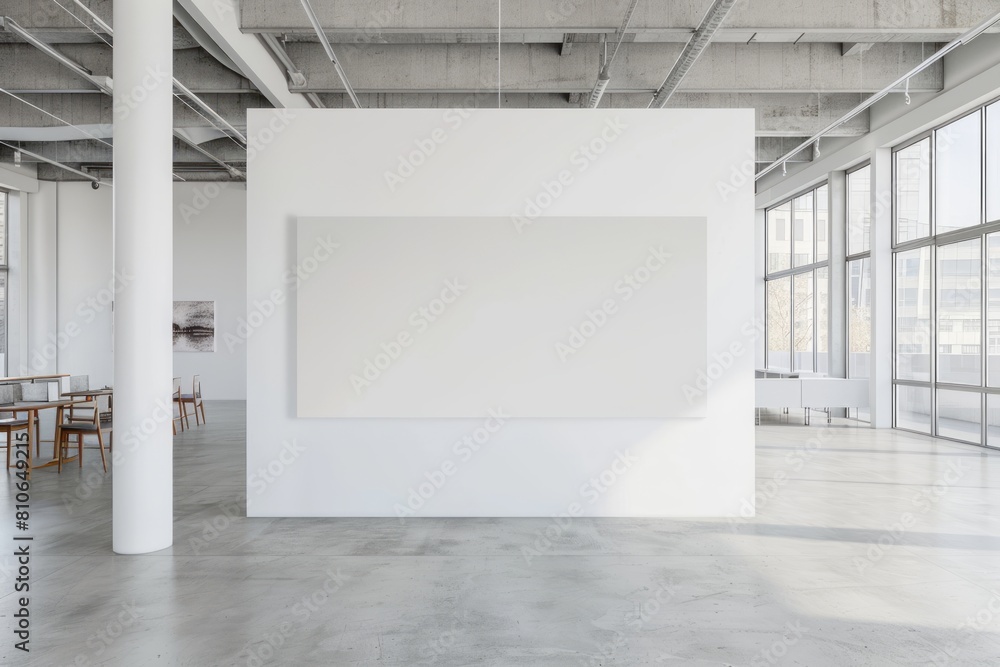 A large white wall in an office with chairs and tables creates a clean and modern background for text or graphics