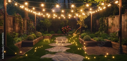 A whimsical backyard with string lights crisscrossing above, casting a soft glow on a stone pathway and small garden beds. 32k, full ultra hd, high resolution photo
