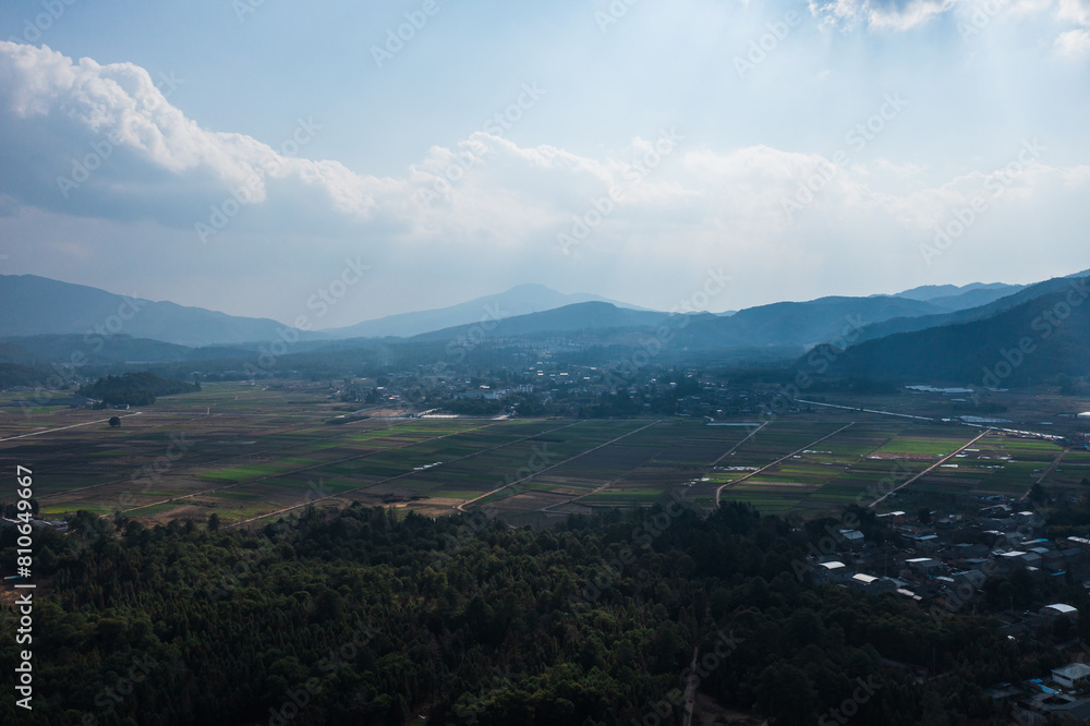 Aerial photography of the pastoral scenery of the mountains near Tengchong Volcanic Geopark