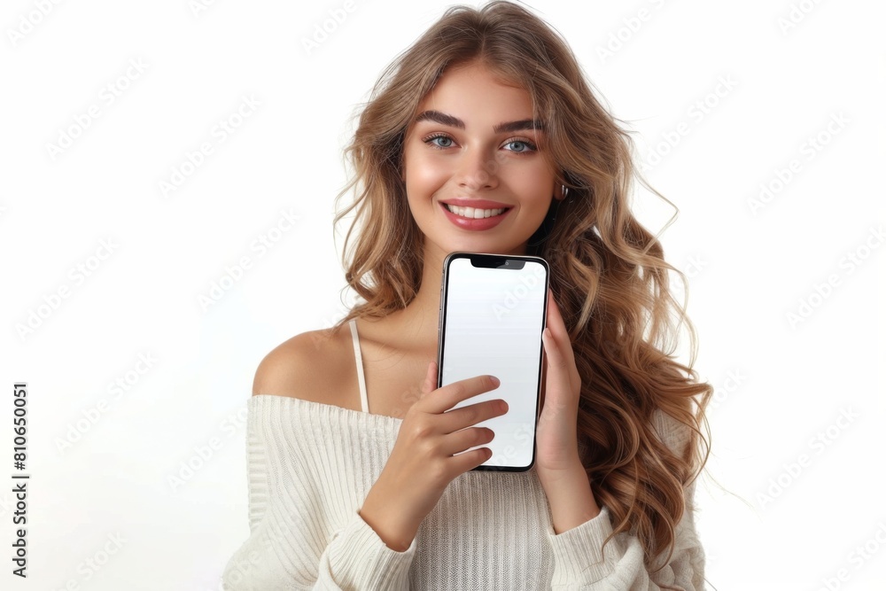 Woman Showcasing Smartphone Mockup created with Generative AI Woman Showcasing Smartphone Mockup created with Generative AI