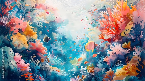Vibrant Coral Reef Teeming with Diverse and Colorful Underwater Marine Life in a Dreamy Watercolor-Style Composition