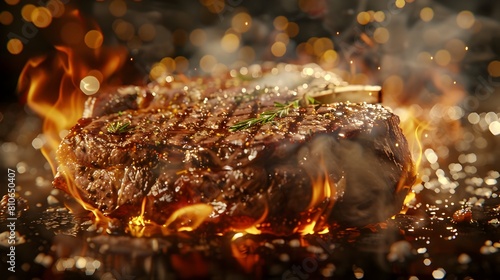 Sizzling Steak with Glistening Juices in Dynamic Low-Angle Portrayal of Savory Indulgence