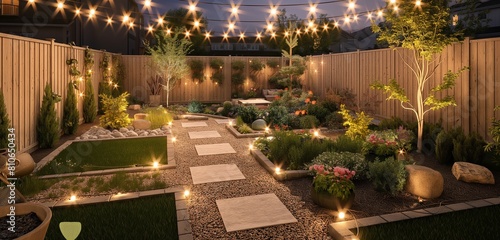 A whimsical backyard with string lights crisscrossing above, casting a soft glow on a stone pathway and small garden beds. 32k, full ultra hd, high resolution