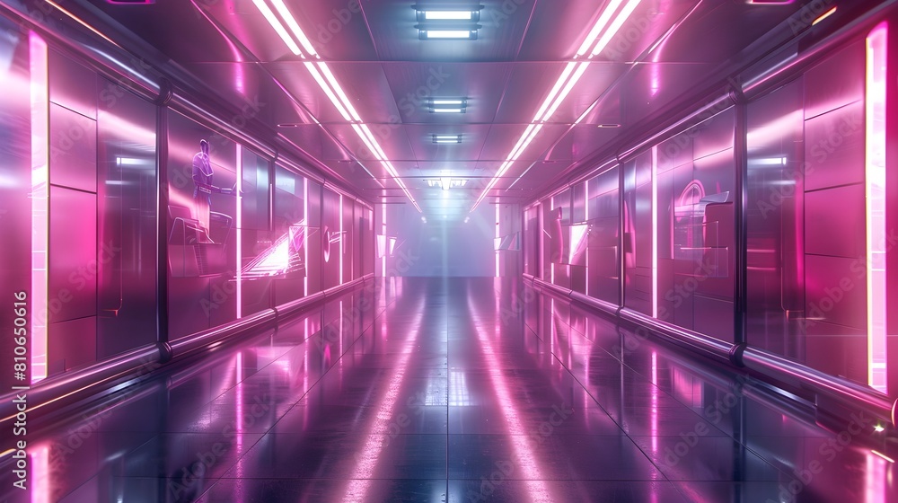 Futuristic Metallic Corridor with Holographic Neon Lights and Reflections in a 3D Environment Futuristic Metallic Corridor with Holographic Neon Lights and Reflections in a 3D Environment