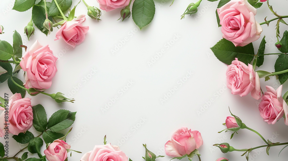 Delicate pink roses and green leaves framing a white space, ideal for wedding invitations.