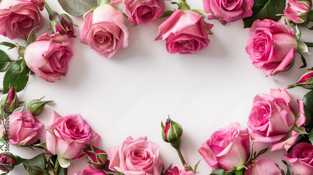 Elegant pink roses with their foliage forming a border around a clean white canvas.