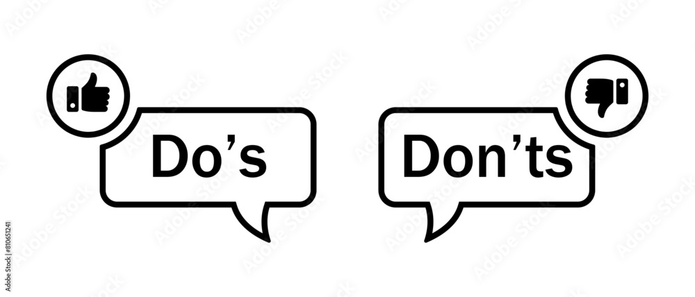 Do's and don'ts icon with thumbs up and thumbs down symbol in stroke style. Do's and don'ts button icon with like and dislike symbol in black color. Yes and no vector. Do's and don'ts icon with thumbs up and thumbs down symbol in stroke style. Do's and don'ts button icon with like and dislike symbol in black color. Yes and no vector.