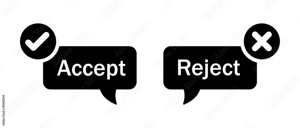 Accept and reject button icon with tick and cross symbol in call out style in black and white. Right and wrong buttons symbols. Check box icon with right and wrong sign. Vector Accept and reject button icon with tick and cross symbol in call out style in black and white. Right and wrong buttons symbols. Check box icon with right and wrong sign. Vector