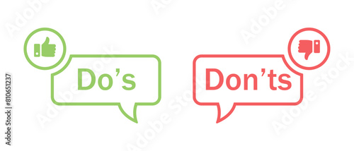 Do's and don'ts icon with thumbs up and thumbs down symbol in stroke style. Do's and don'ts button icon with like and dislike symbol in colored. Yes and no vector.