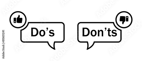 Do's and don'ts icon with thumbs up and thumbs down symbol in stroke style. Do's and don'ts button icon with like and dislike symbol in black color. Yes and no vector.