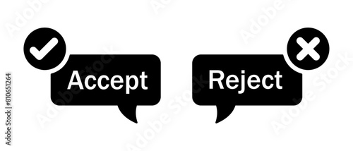 Accept and reject button icon with tick and cross symbol in call out style in black and white. Right and wrong buttons symbols. Check box icon with right and wrong sign. Vector