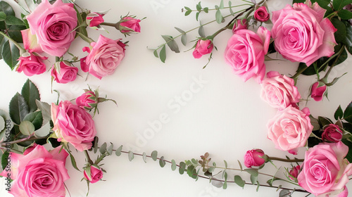 Fresh pink roses with foliage forming an organic frame on a white canvas  perfect for a romantic theme.