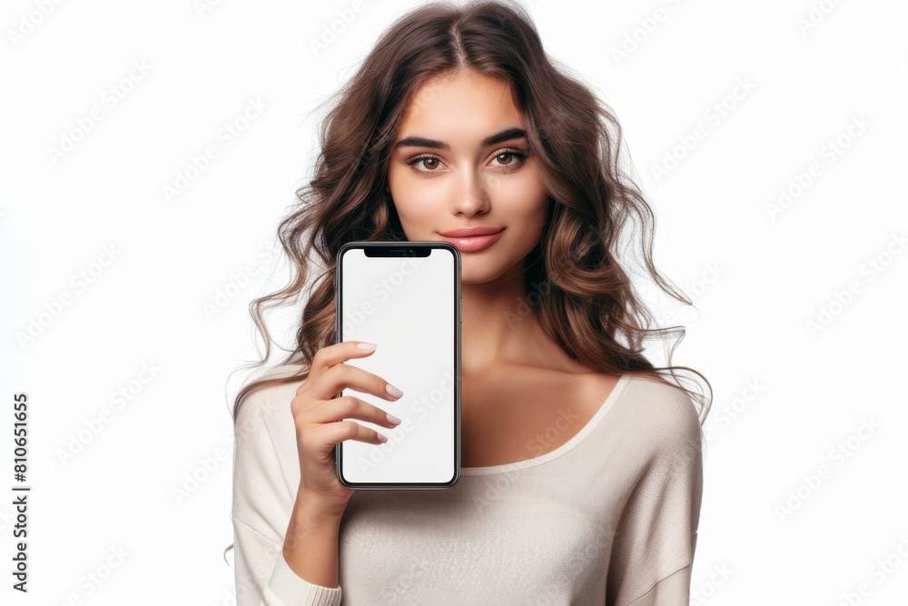 Woman Showcasing Smartphone Mockup created with Generative AI Woman Showcasing Smartphone Mockup created with Generative AI