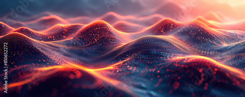 A futuristic digital landscape of mountains made from glowing data streams. Created with Ai