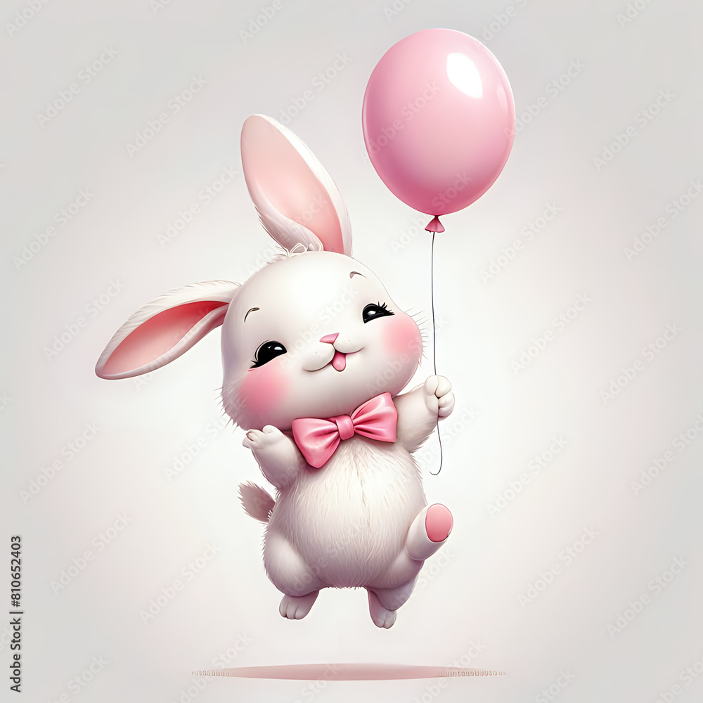A cartoon rabbit is holding a pink balloon. The rabbit is wearing a pink bow and he is happy A cartoon rabbit is holding a pink balloon. The rabbit is wearing a pink bow and he is happy