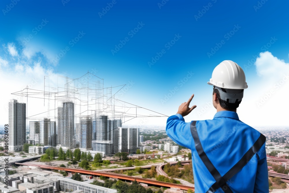 Male construction worker in safety helmet with city buildings under construction in background Male construction worker in safety helmet with city buildings under construction in background