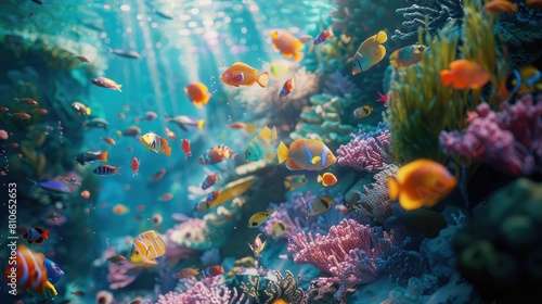 A close-up shot of a vibrant coral reef teeming with colorful fish and sea life. © Ibraheem
