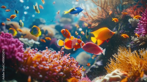 A close-up shot of a vibrant coral reef teeming with colorful fish and sea life. © Ibraheem