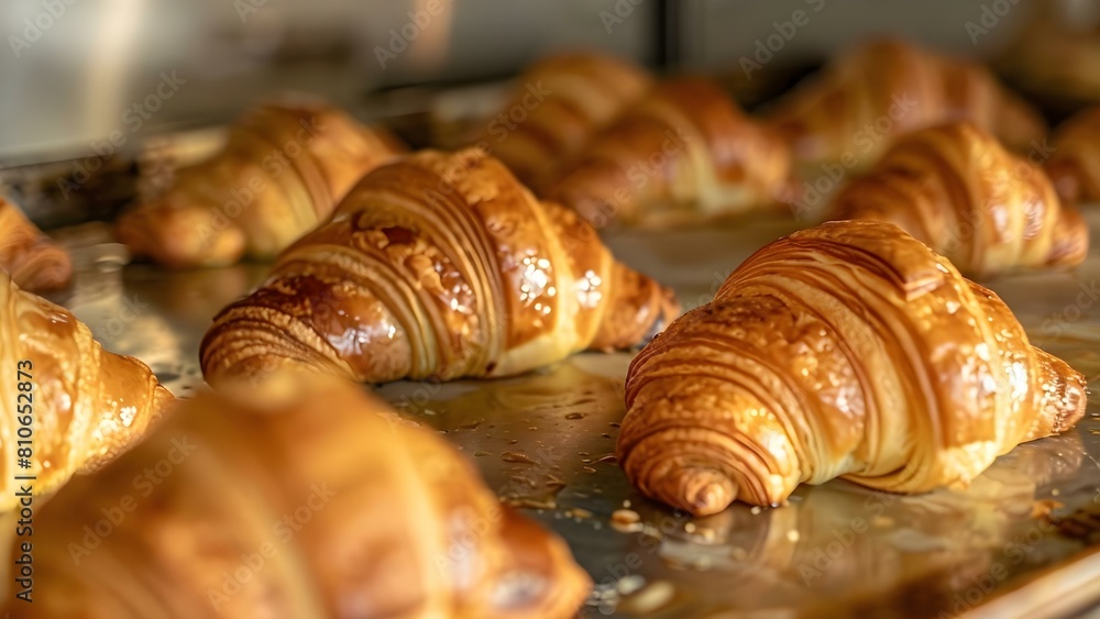 Baking golden croissants up close in a bakery. Concept Food Photography, Baking Process, Golden Croissants, Bakery Interior, Close-up Shots Baking golden croissants up close in a bakery. Concept Food Photography, Baking Process, Golden Croissants, Bakery Interior, Close-up Shots