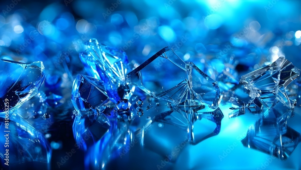 Shattered blue glass pieces close-up on a reflective surface. Concept Blue Glass, Close-Up, Reflective Surface, Shattered Pieces, Detail Shot Shattered blue glass pieces close-up on a reflective surface. Concept Blue Glass, Close-Up, Reflective Surface, Shattered Pieces, Detail Shot