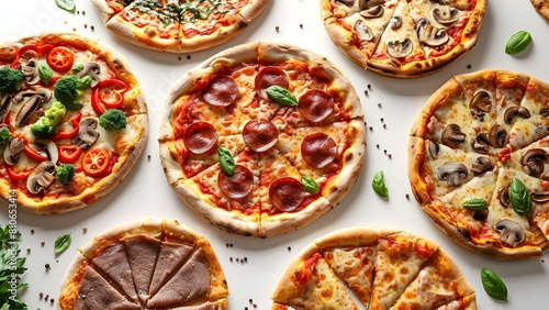 Variety of Homemade Italian Pizzas with Meat, Vegetables, and Mushrooms on White Background. Concept Italian Pizza, Homemade Recipes, Meat Varieties, Vegetarian Options, Delicious Mushrooms