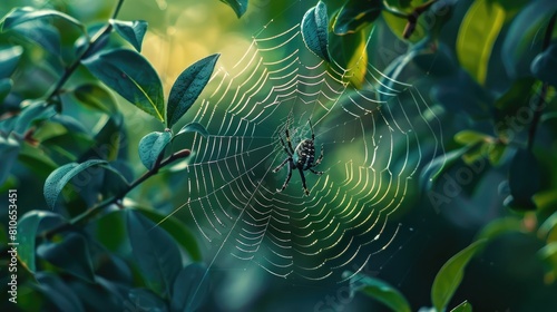 A close-up of a spider weaving its web among vibrant green leaves.