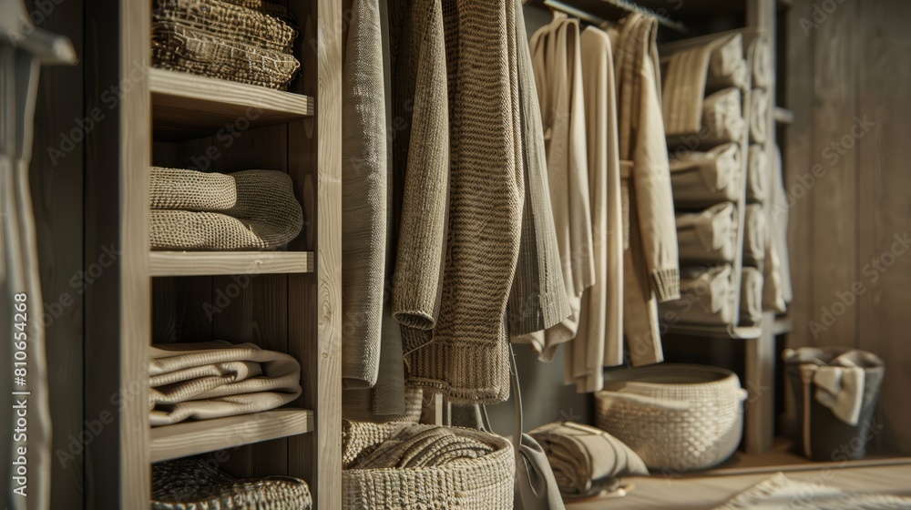 Cinematic high-resolution portrait of wardrobe storage featuring a variety of textures in neutral tones, highlighting the elegance and diversity of materials
