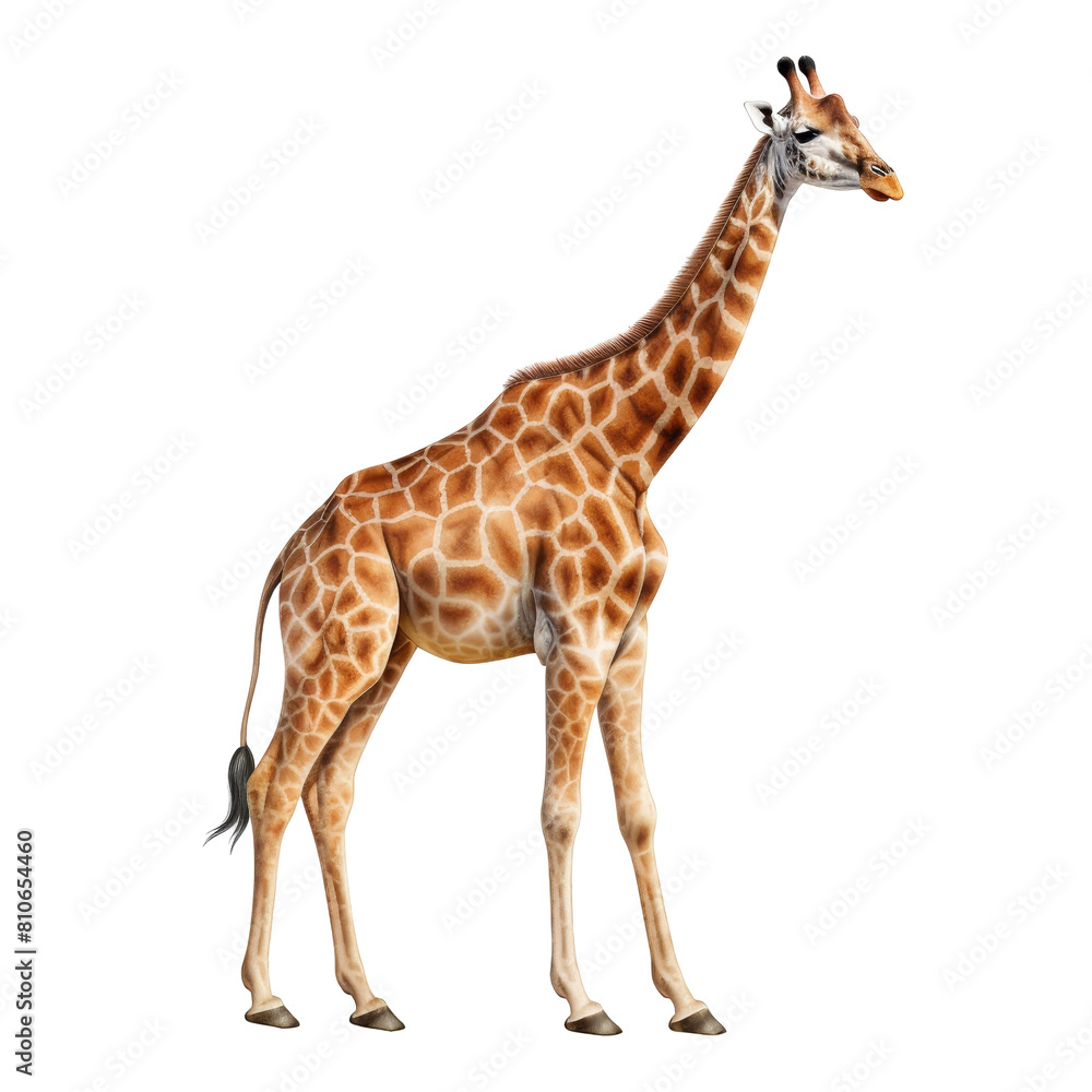 Image shows a tall giraffe standing on all four legs, looking to the right. The giraffe has tan and brown spots all over its body and a long neck.