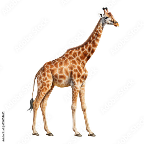 Image shows a tall giraffe standing on all four legs  looking to the right. The giraffe has tan and brown spots all over its body and a long neck.