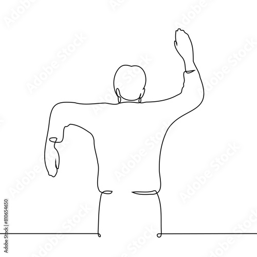 man stands with arms stretched out to the sides and elbows bent, right hand up, left hand down. one line vector art. concept gestures, hand exercises, sending conflicting signs and signals