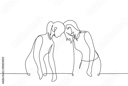 women standing resting their foreheads against each other - one line art vector. concept homosexual couple or female friends in confrontation or conflict, hardheaded or stubborn people