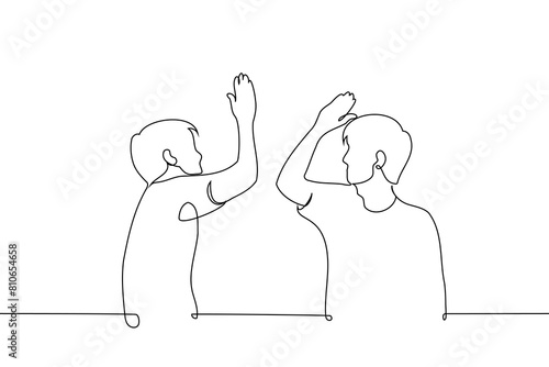 men high five each other - one line art vector. concept female solidarity, girlfriends, high five deal